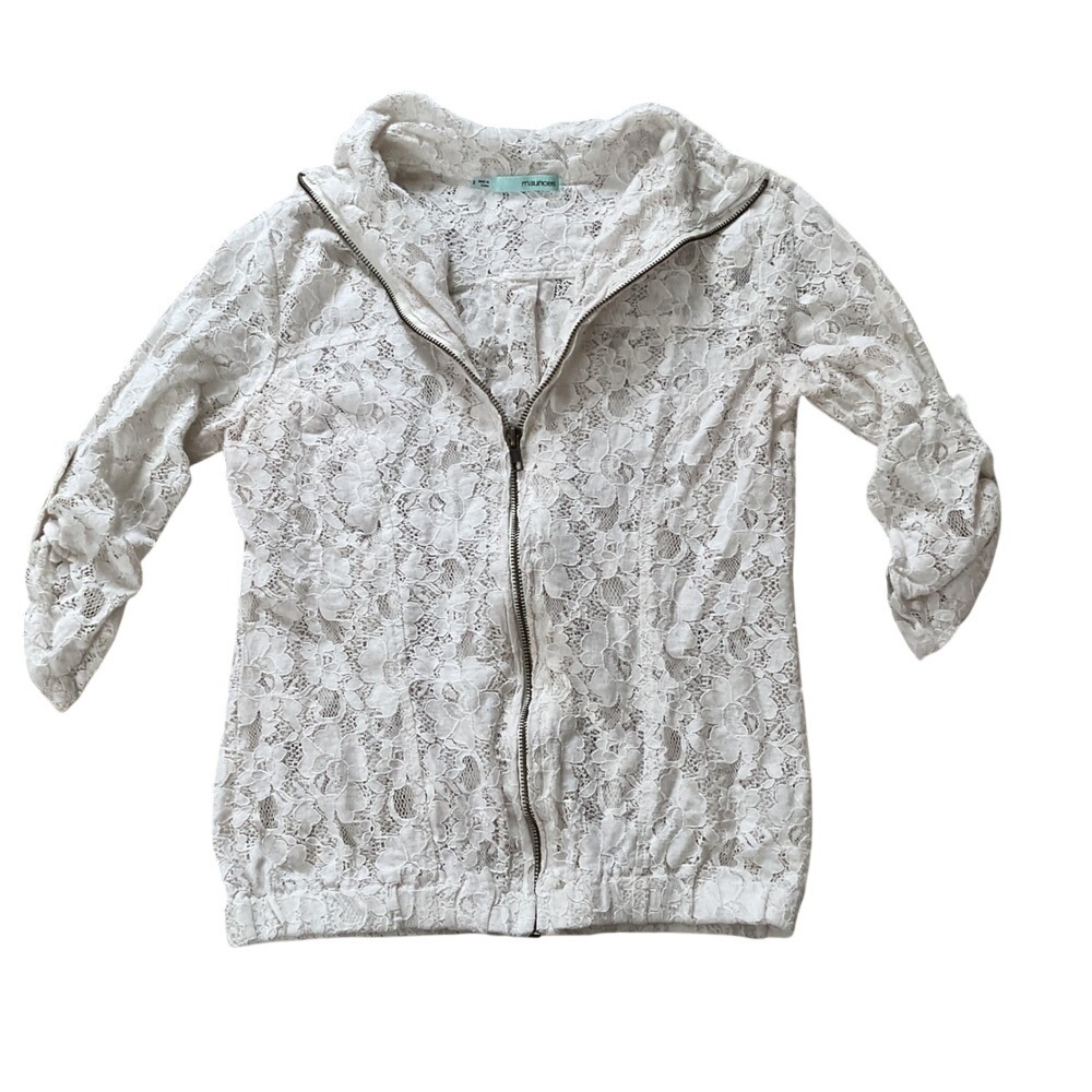 Maurices Womens White Floral Lace Zip Up Jacket Mock Neck 3/4 Sleeve Small